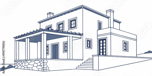 A large house with a porch and chimney Vector