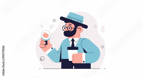 Man with magnifying glass and coffee cup