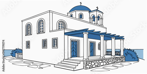 A white building with blue accents and a dome Vector