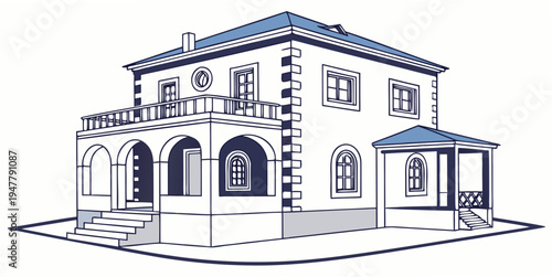 A large white house with a blue roof Vector