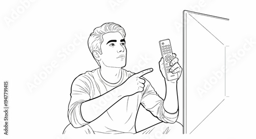 Young man holding remote control pointing at blank television screen