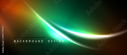 Abstract background features vibrant gradients. Smooth curves create dynamic light effects, blending orange, green, silver tones. Modern design element.