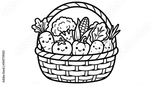 Smiling vegetables in a basket.
