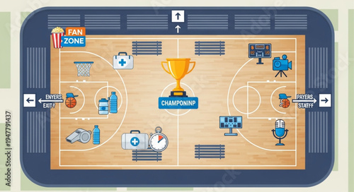 Overhead View of a Basketball Court with Championship Trophy.