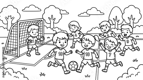 Children playing soccer with ball.