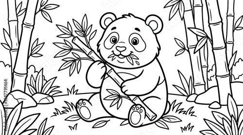 Cute cartoon panda eating bamboo shoots.
