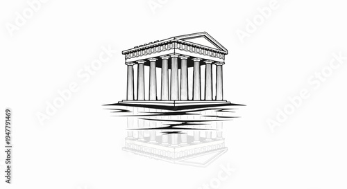 Line art of ancient Greek temple structure reflected in water