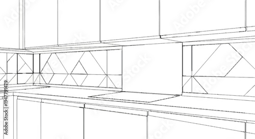 Wireframe 3D rendering of a modern kitchen with geometric cabinet fronts