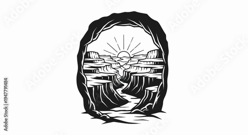 View from a cave mouth overlooking a sunlit canyon with a river below