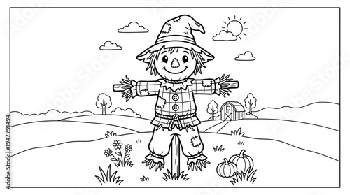 Scarecrow standing in a field smiling.