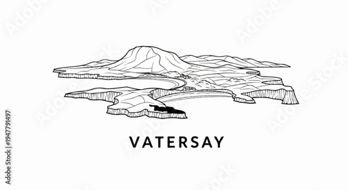Line drawing of a coastal landscape with a prominent mountain and text