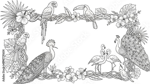 Ornate frame with tropical birds, exotic flowers, and lush foliage