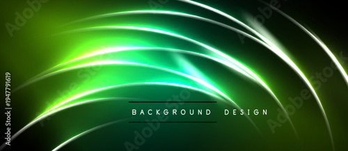Abstract green lines create dynamic flow. Dark background emphasizes bright neon curves, modern design element.