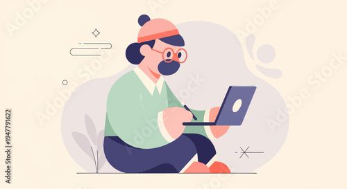 Person in cozy attire works on a laptop and stylus amidst abstract shapes and lines