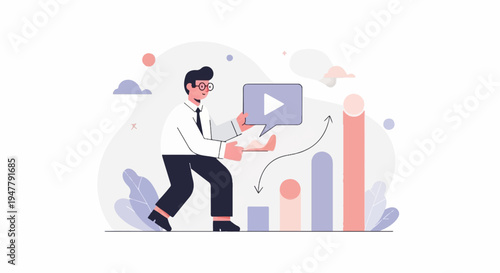 Man with video icon and bar chart, showing growth