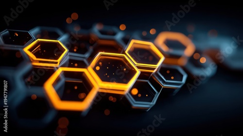 A striking abstract image featuring glowing orange hexagons and a dark background.
