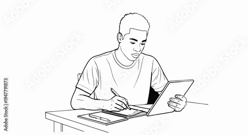 Young person with tablet and notebook, focused on work or study