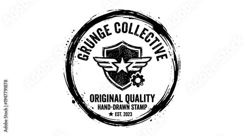 Hand-drawn vintage stamp design featuring a shield and gear, symbolizing quality and creativity
