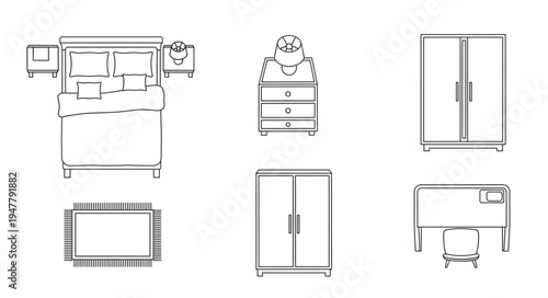 Bedroom furniture layout with bed, wardrobe, and rug.