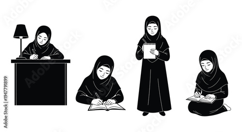 Black and white illustration depicting muslim women studying and reading