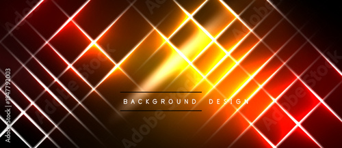 Bright neon grid pattern. Orange, yellow, red hues dominate dark backdrop. Modern design element for digital projects.