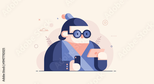 Person in glasses and blue robe using two phones, simple background
