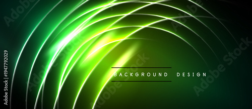 Abstract neon lines create dynamic curved shapes. Vibrant green glows against dark background. Modern design element.