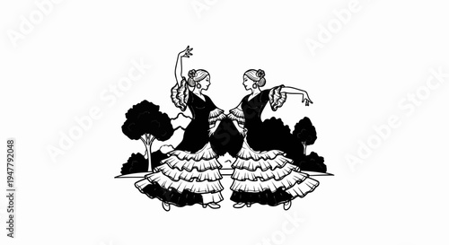 Two dancers in ornate ruffled dresses perform in a natural setting with trees
