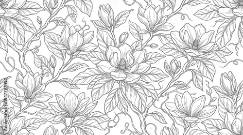 Intricate floral pattern featuring magnolia blossoms and leaves on a white background