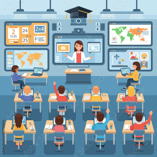 Students attending interactive digital remote class