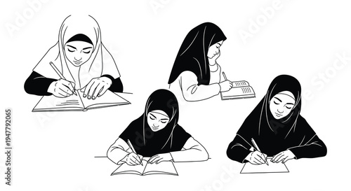 Black and white illustration depicting muslim women studying and reading