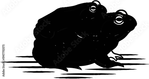 Two dark frogs perched on horizontal lines, one on top of the other