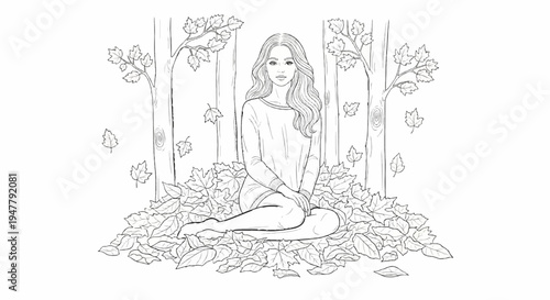Young woman sits in fallen leaves amidst trees, line art, autumn scene