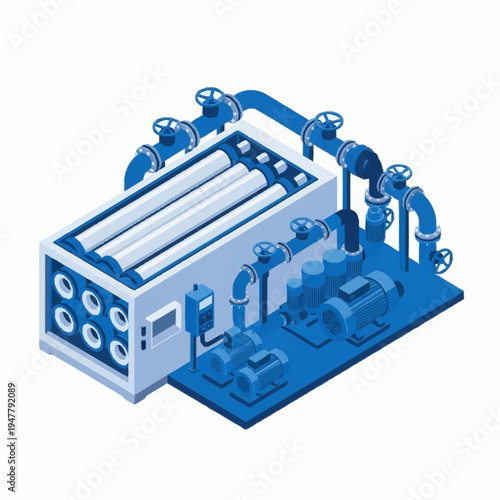 Isometric illustration of an industrial water treatment plant with pipes and machinery.