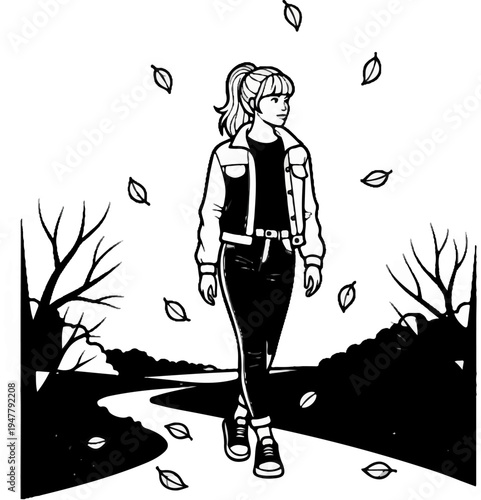 Young woman walks through falling leaves during autumn