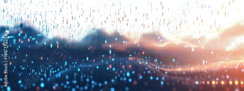 Glowing blue and orange particle grid forming undulating waves beneath cascading vertical data streams, evoking dynamic futuristic energy