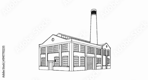 Outline of an old factory building with a tall smokestack