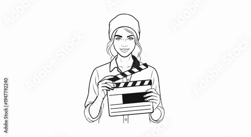 Young woman wearing a beanie, holding a clapperboard for filmmaking