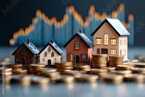 Miniature row of model houses with stacked gold coins and a blurred rising financial chart in the background conveying investment growth and prosperity