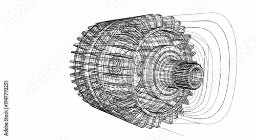 Wireframe rendering of a cylindrical component with complex internal structure and external gear teeth