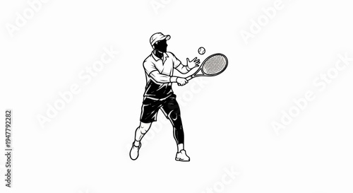 Male tennis player in action, hitting a ball with racket