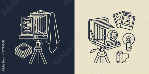 Vintage Bellows Camera Line Art Illustrations with Analog Photography Equipment
