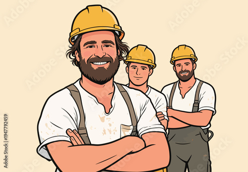 Three workers stand at a construction site. They wear yellow hard hats and are smiling. Their clothes are simple.