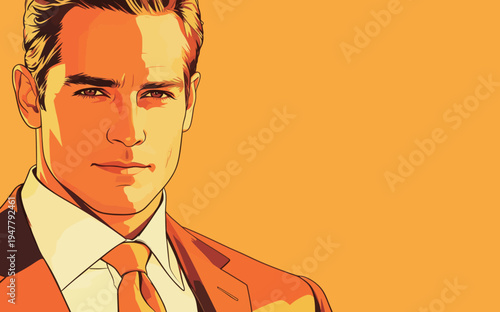 A man dressed in a suit poses with a confident look. The bright yellow background highlights his features and attire.