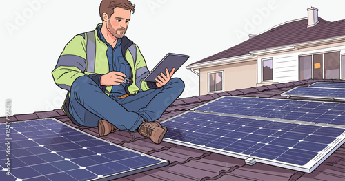 A worker sits on a roof checking solar panels with a tablet while sunlight shines, focused on the task at hand.