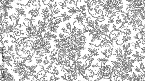 Elegant vintage floral pattern featuring intricate roses and vines on a soft background