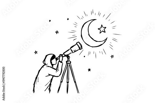 Muslim child observing moon for Ramadan line art vector illustration