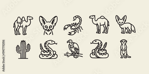 Desert Animals and Plants Minimal Line Icon Set