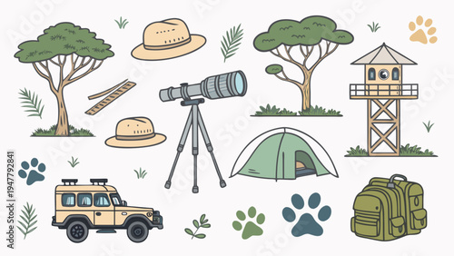 Explore the wild with this colorful hand-drawn safari adventure collection, featuring essential equipment for nature discovery and wildlife observation