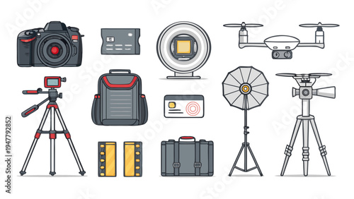 Comprehensive set of modern photography and videography equipment illustrations, featuring cameras, drones, tripods, lighting, and accessories for visual content creation professionals and hobbyists